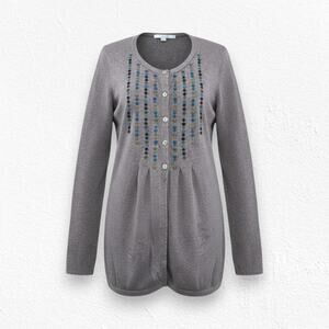 Boden Gray Taupe Embroidered Button Front Cardigan Sweater Wool Blend Size 6